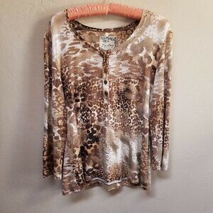 Top Story Womens Medium Long Sleeve Popover Blouse Leopard Animal Print Brown